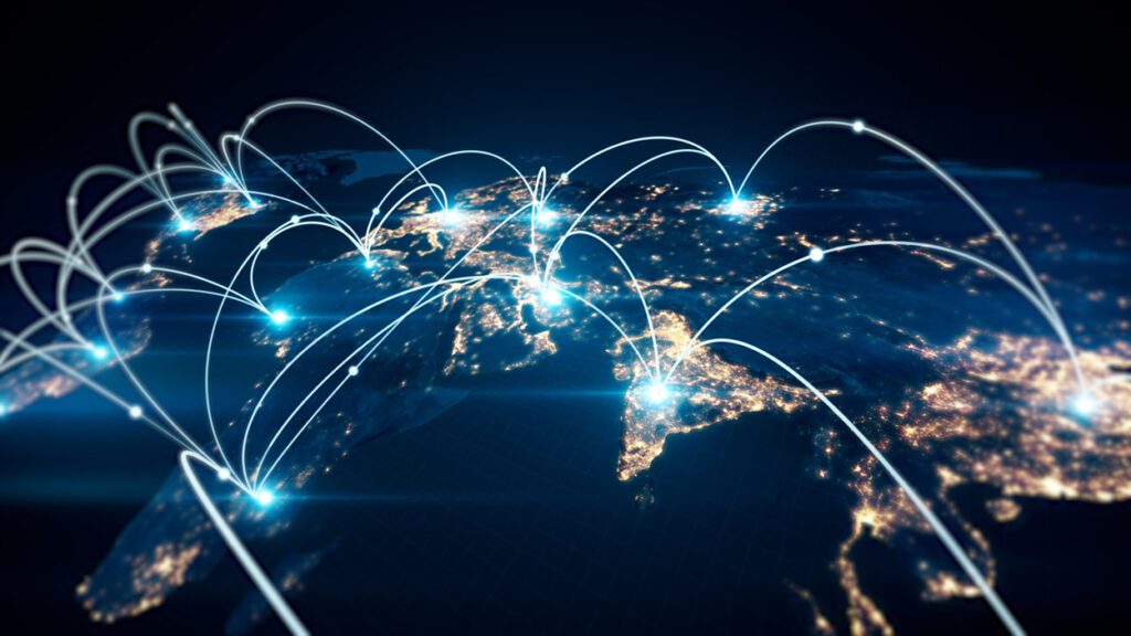 Digital world map with connected cities symbolizing global distribution systems in the travel industry