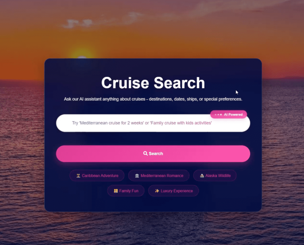 Screenshor of AIVA, with Cruise serch box that shows natural language processing capability